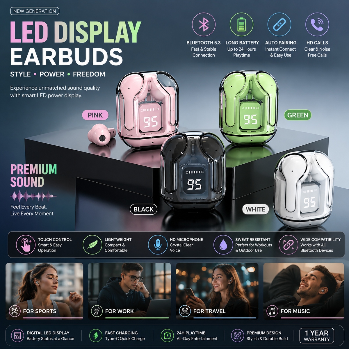 ๐ฅ LED Display Wireless Bluetooth Earbuds | Bluetooth 5.3 | HD Stereo Sound | Touch Control | Fast Charging | Noise Reduction | Sports Earbuds