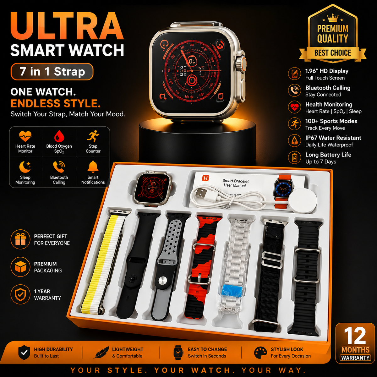 π₯ Ultra Smart Watch 7-in-1 Strap | Bluetooth Calling | 1.96" HD Display | Health Monitor | Wireless Charging | Smartwatch for Men & Women