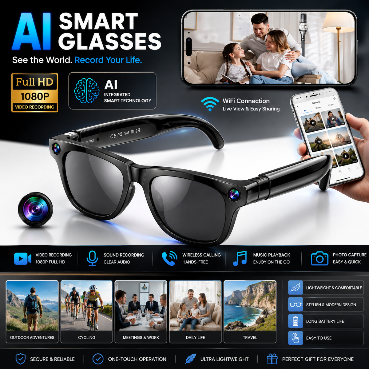 π₯ Camera Glasses | Full HD 1080P Smart Camera Glasses | Wireless Bluetooth Calling | AI Smart Glasses | Video Recording | Music & Photo Capture