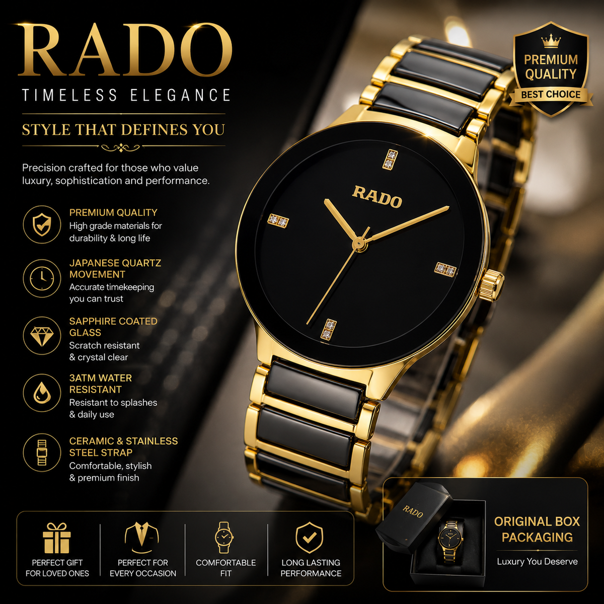 π RADO Centrix Black & Golden Watch For Men & Women | Premium Stainless Steel Strap | Luxury Quartz Wrist Watch | Elegant Couple Watch