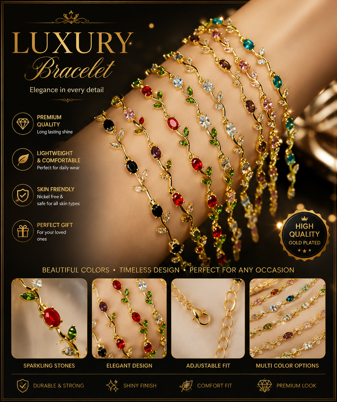 πΈ Luxury Gold Plated Crystal Charm Bracelet for Women | Adjustable Multicolor Stone Bracelet | Elegant Fashion Jewelry | Gift for Girls & Ladies