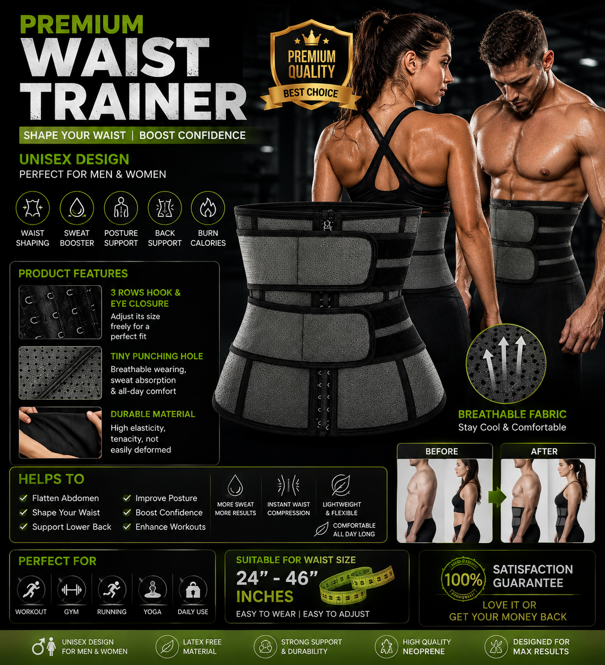 πͺ Waist Trainer With 2 Straps For Men & Women | Adjustable Tummy Control Belt | Sweat Shaper | Back Support | Gym Waist Trimmer