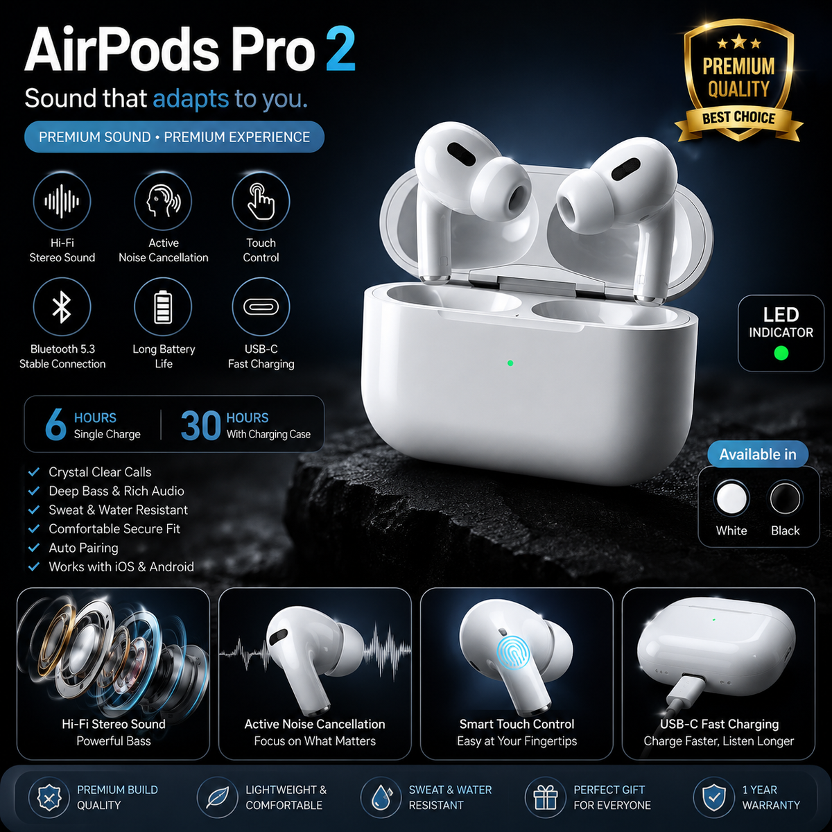 ๐ฅ Airpods Pro 2 | Wireless Bluetooth Earbuds | Hi-Fi Stereo Sound | Touch Control | ENC Noise Reduction | LED Charging Case | Fast Pairing