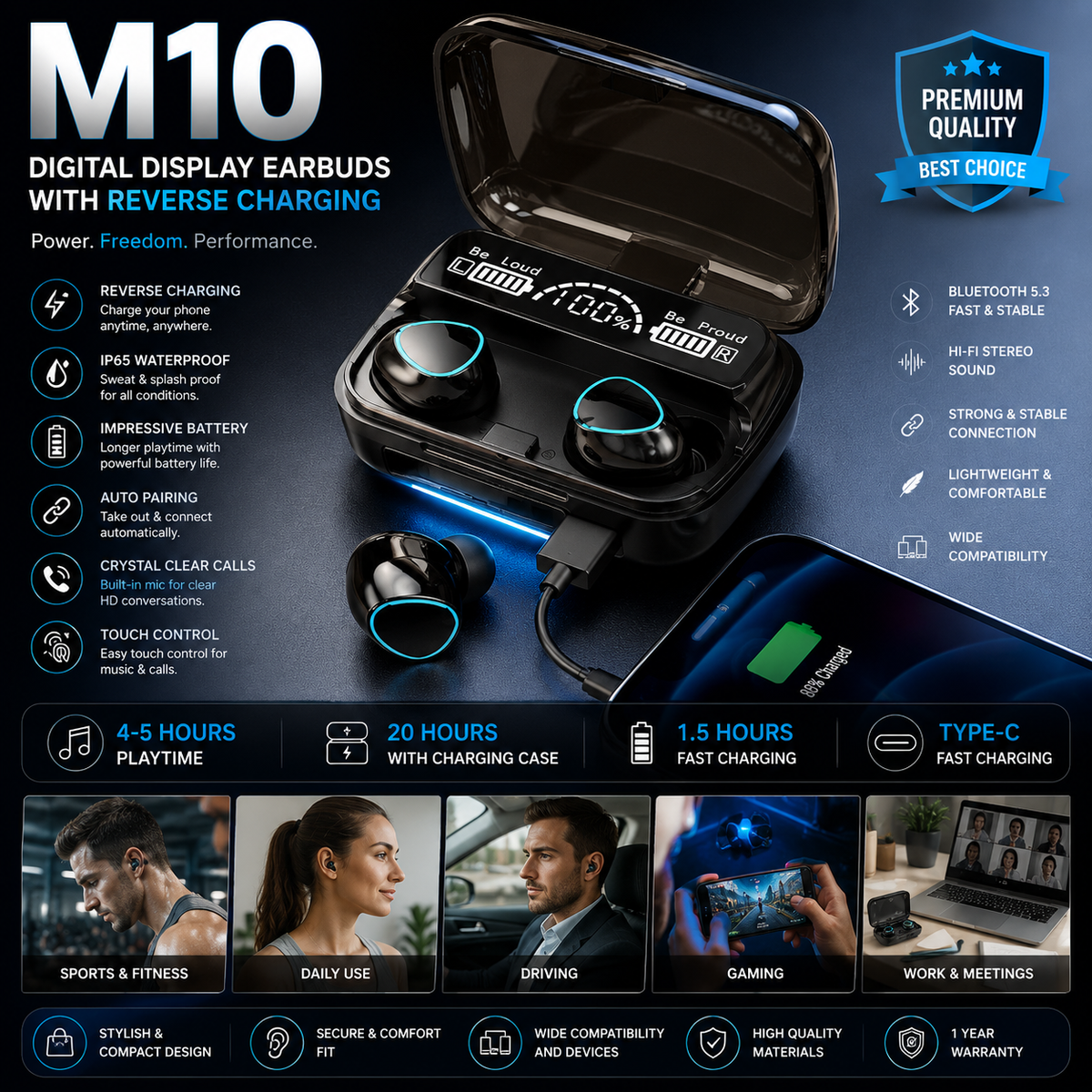 🔥 M10 TWS Wireless Bluetooth Earbuds | Hi-Fi Stereo Sound | Touch Control | Noise Reduction | LED Power Display | Charging Case