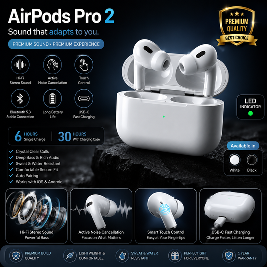 🔥 Airpods Pro 2  | Wireless Bluetooth Earbuds | Hi-Fi Stereo Sound | Touch Control | ENC Noise Reduction | LED Charging Case | Fast Pairing
